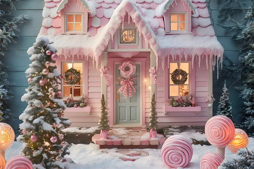 Christmas Tree Pink Candy House Backdrop RR7-878