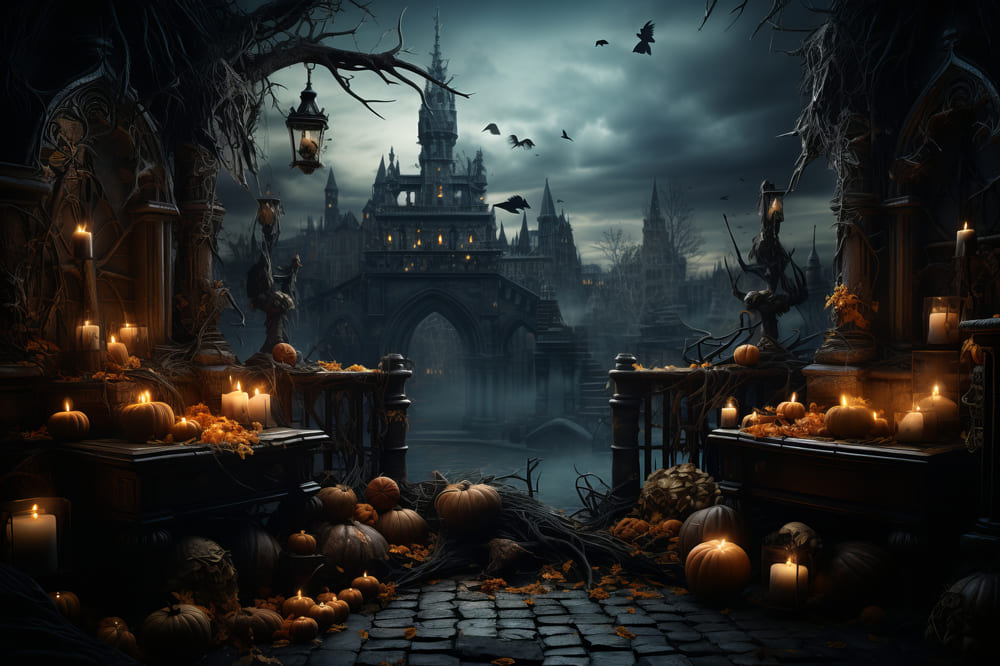 Gothic Castle Halloween Pumpkins Bats Backdrop RR7-87