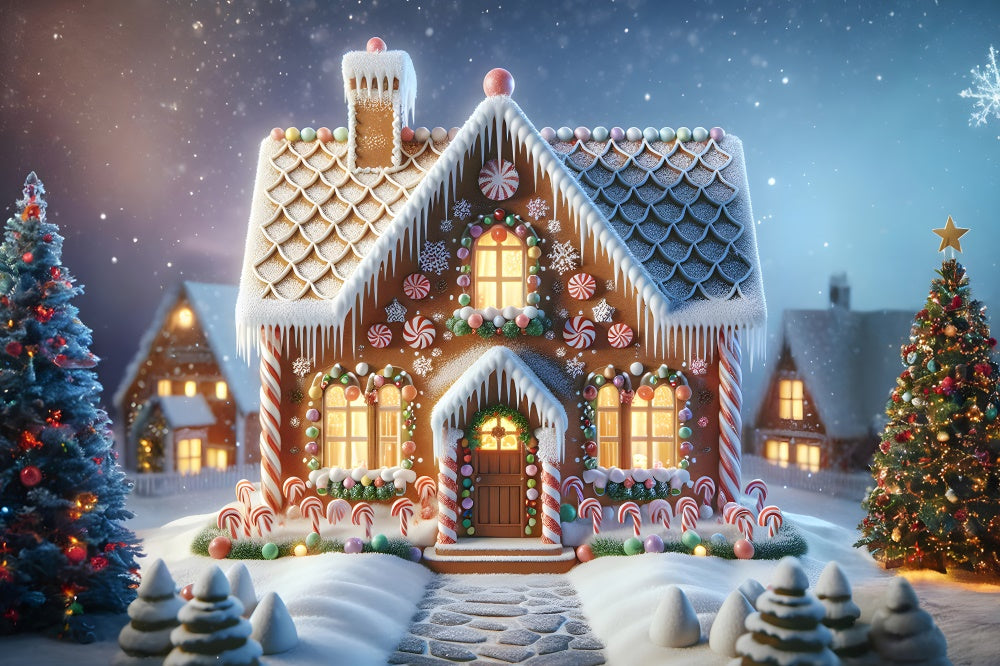 Christmas Candy Cane Gingerbread House Backdrop RR7-880