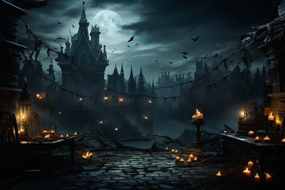 Halloween Haunted Castle Candles Backdrop RR7-89