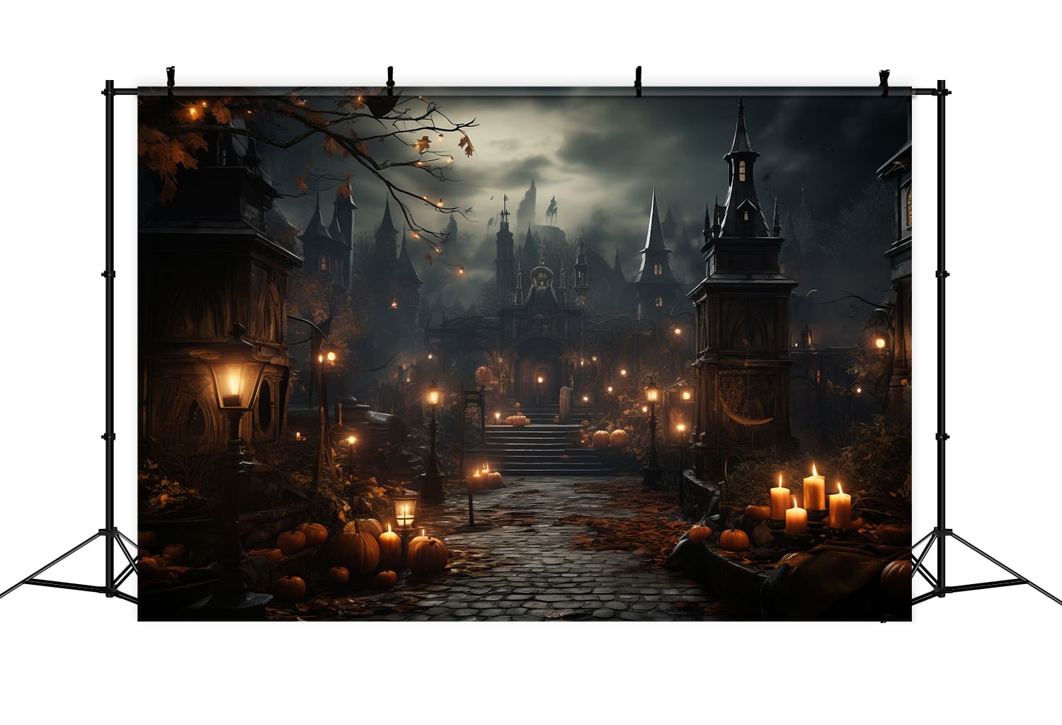 Halloween Gothic Castle Candles Pumpkins Backdrop RR7-91