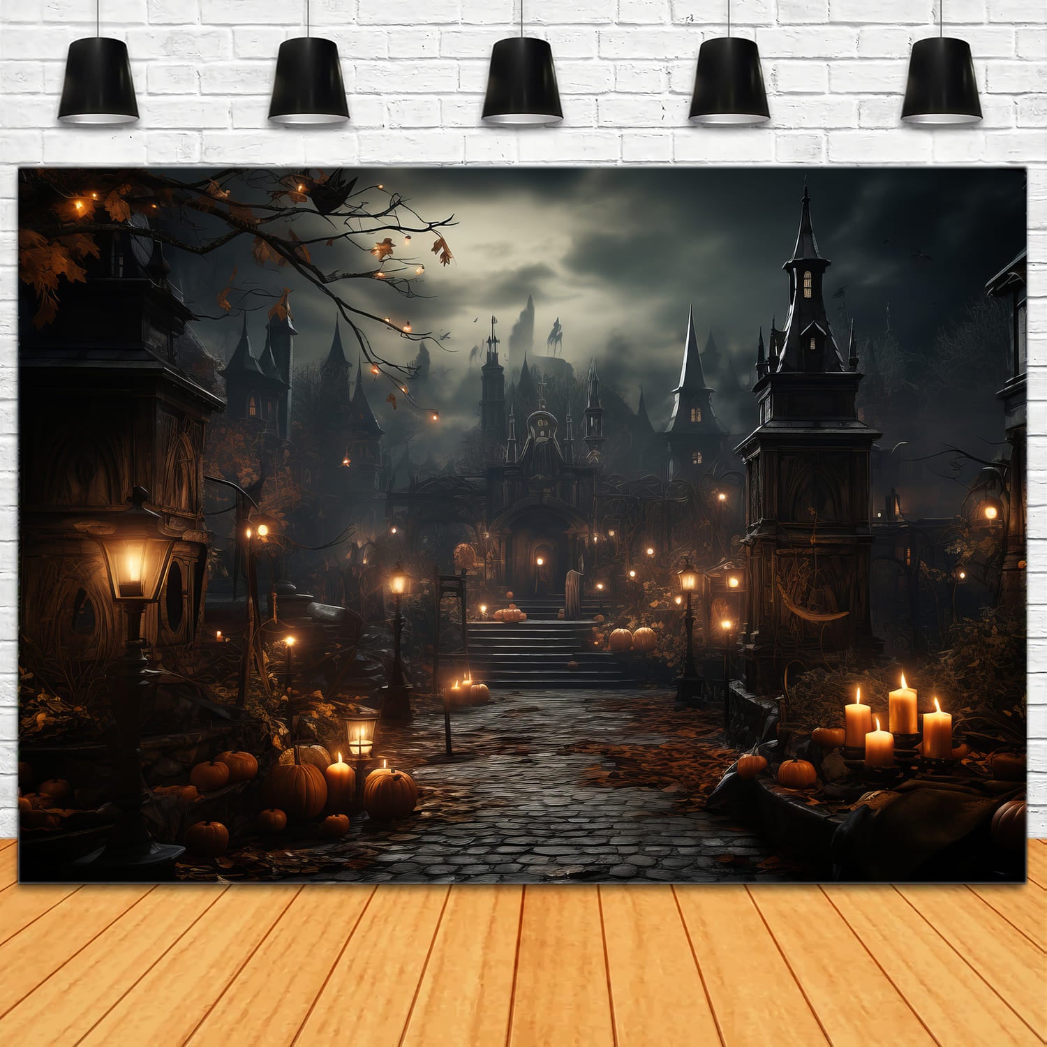 Halloween Gothic Castle Candles Pumpkins Backdrop RR7-91