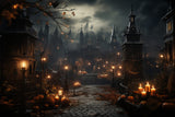 Halloween Gothic Castle Candles Pumpkins Backdrop RR7-91