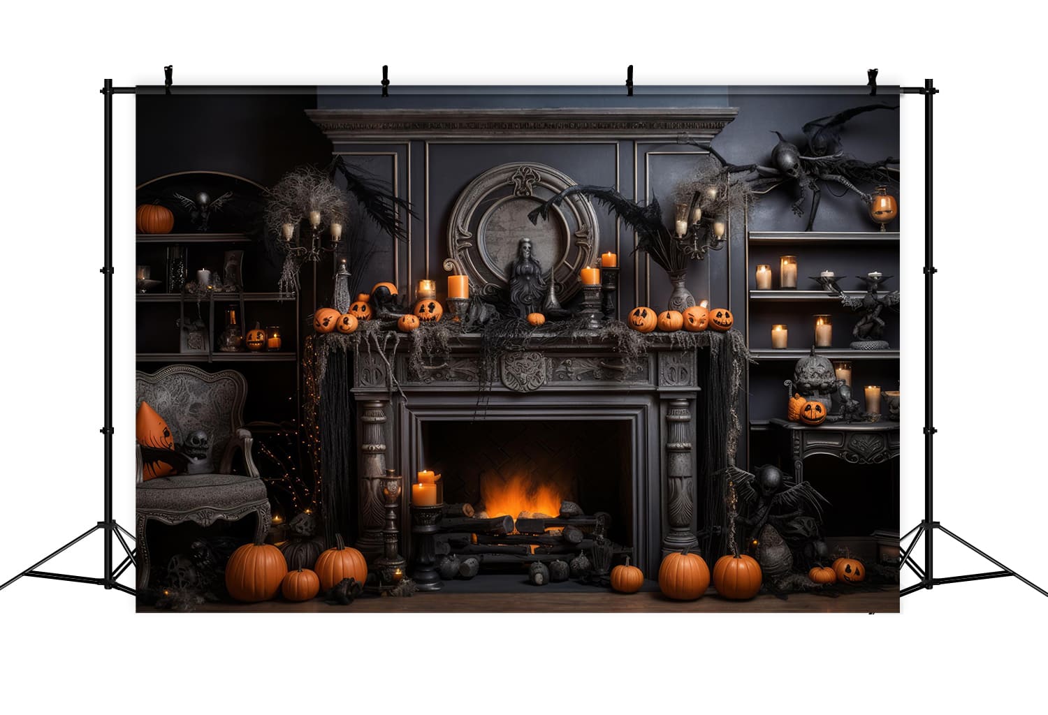 Halloween Fireplace Pumpkins Candles Backdrop RR7-97