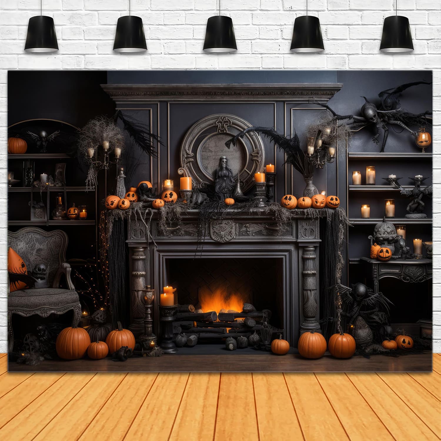 Halloween Fireplace Pumpkins Candles Backdrop RR7-97