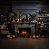 Halloween Fireplace Pumpkins Candles Backdrop RR7-97