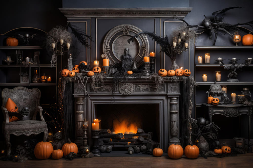 Halloween Fireplace Pumpkins Candles Backdrop RR7-97