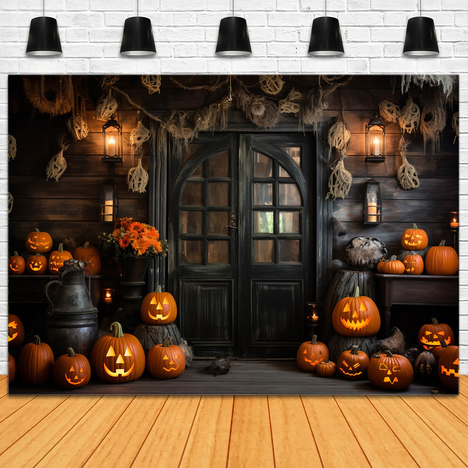 Wooden House Halloween Pumpkins Backdrop RR7-99