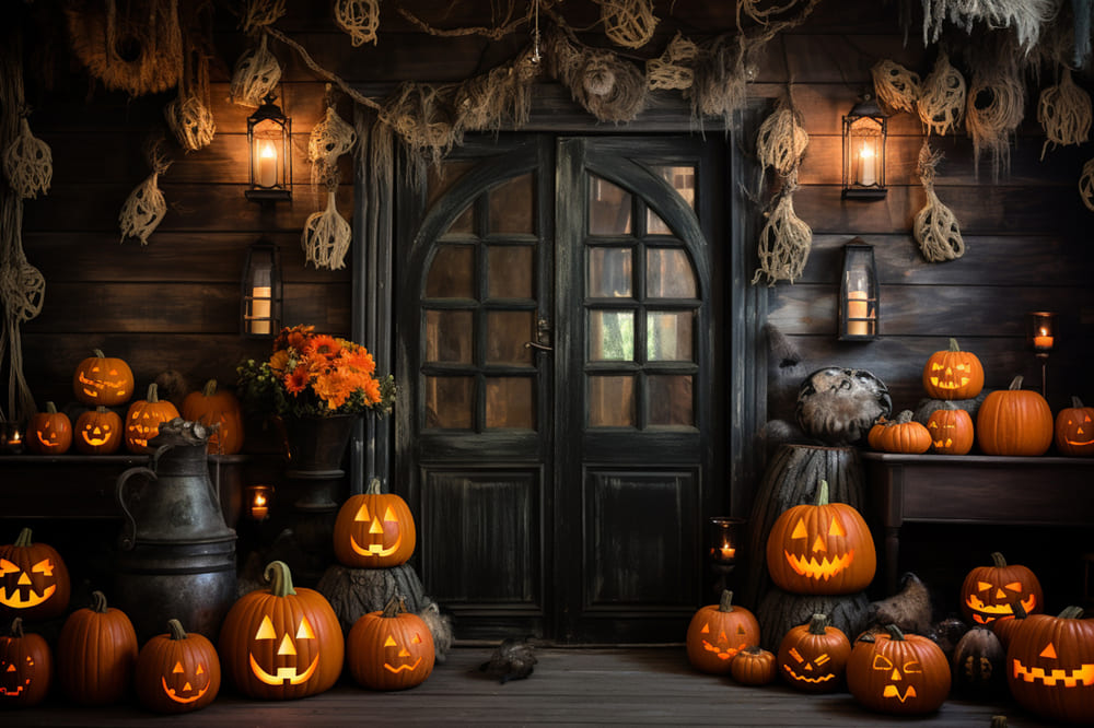 Wooden House Halloween Pumpkins Backdrop RR7-99