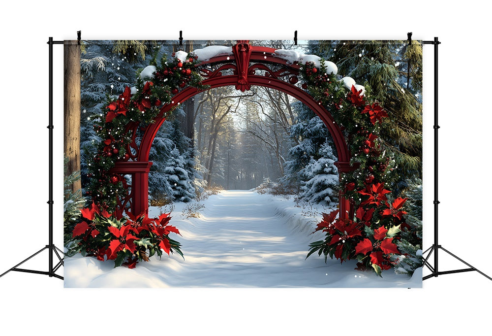 Christmas Poinsettia Garland Snow Trees Backdrop RR8-100