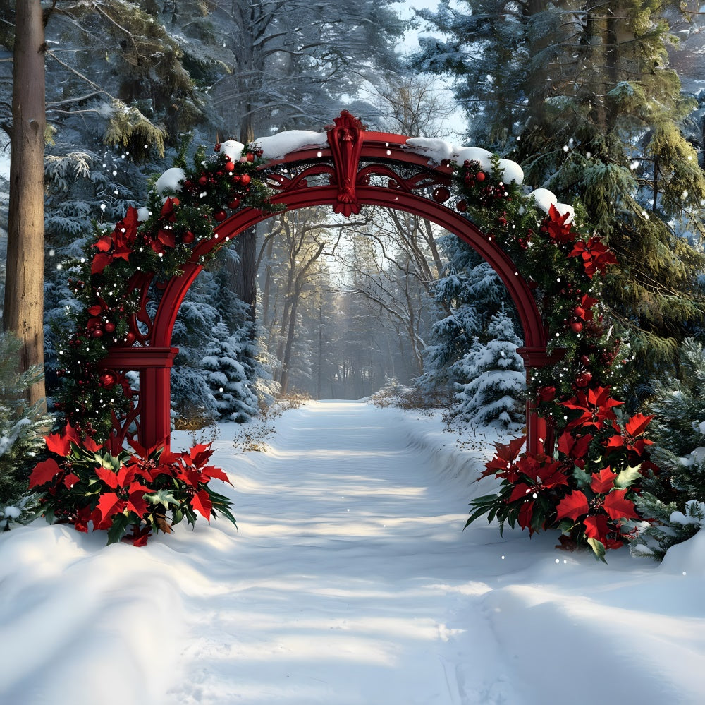 Christmas Poinsettia Garland Snow Trees Backdrop RR8-100