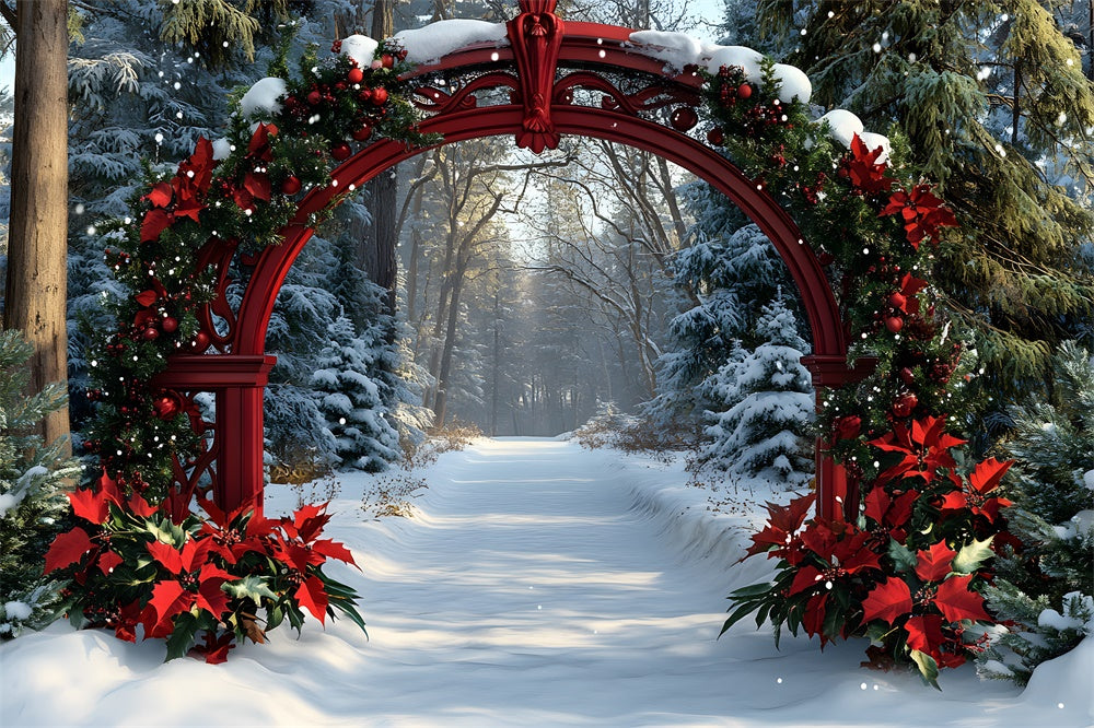 Christmas Poinsettia Garland Snow Trees Backdrop RR8-100