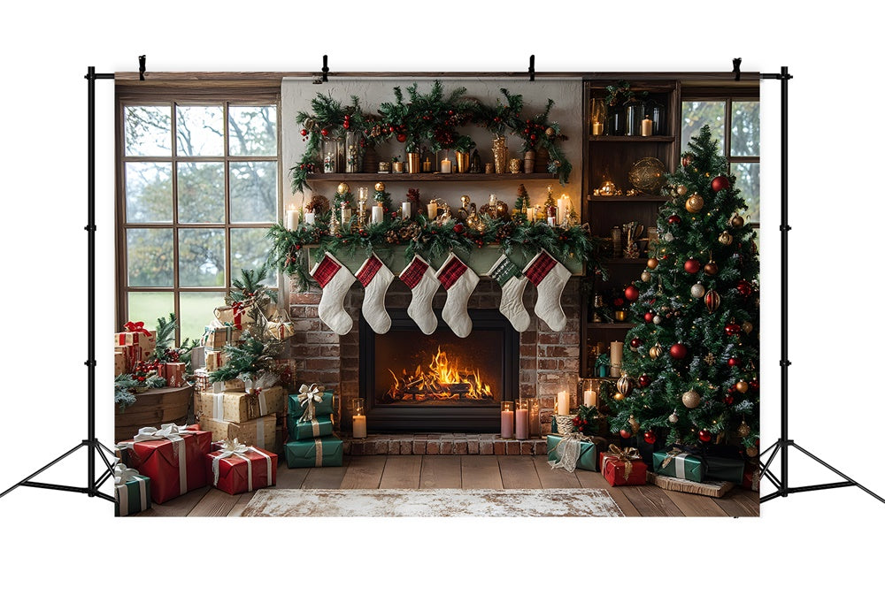 Christmas Tree Stockings Fireplace Backdrop RR8-111