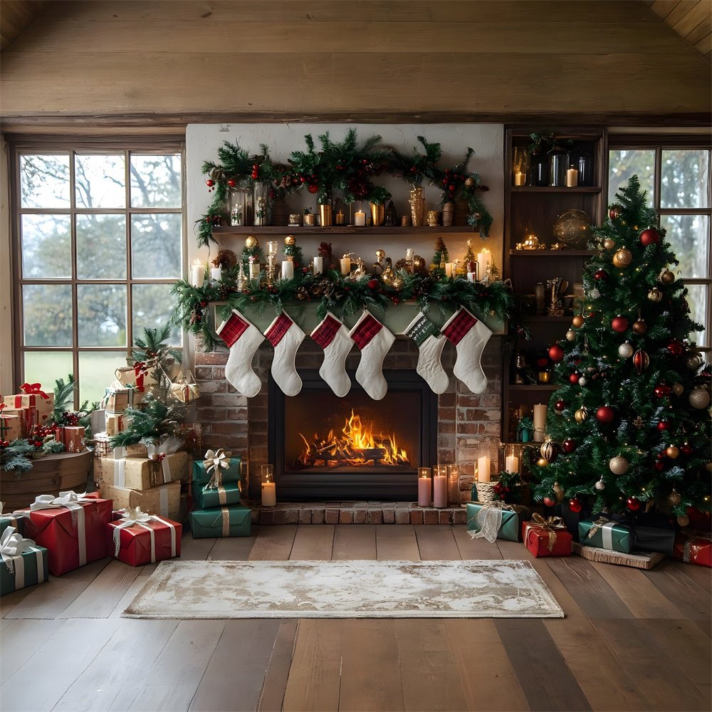 Christmas Tree Stockings Fireplace Backdrop RR8-111