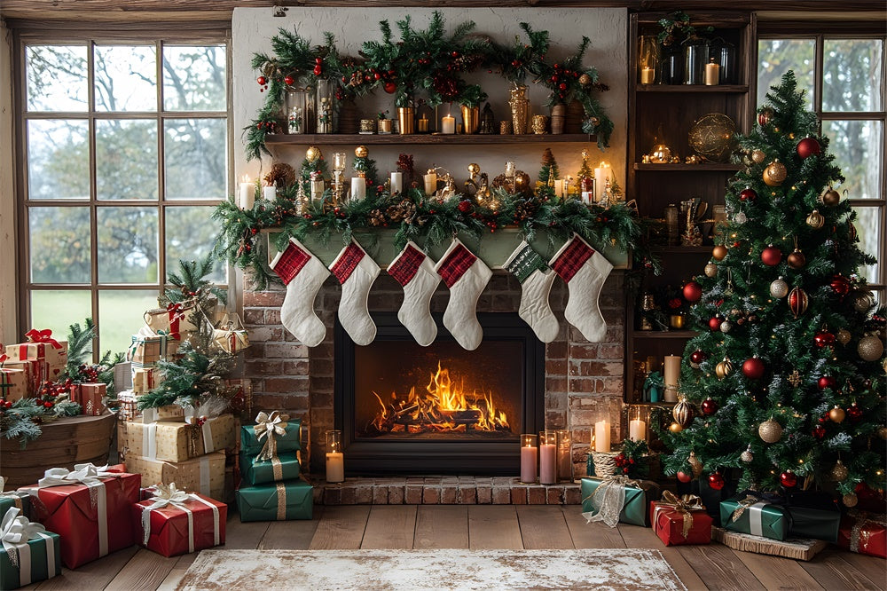 Christmas Tree Stockings Fireplace Backdrop RR8-111