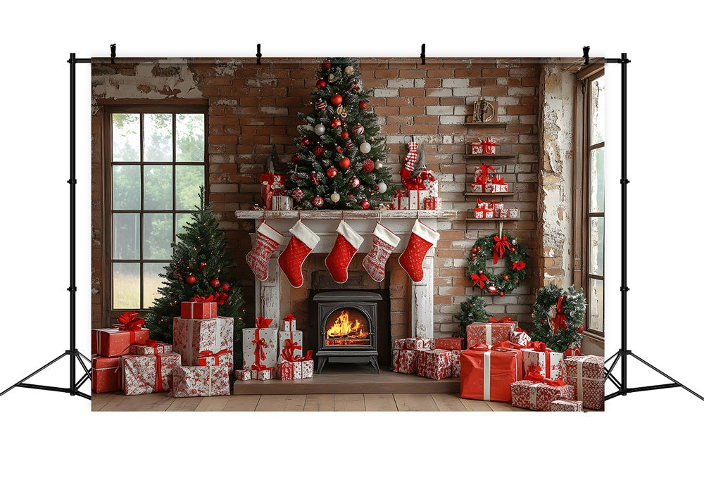 Christmas Socks Fireplace Gift Boxes Backdrop RR8-112