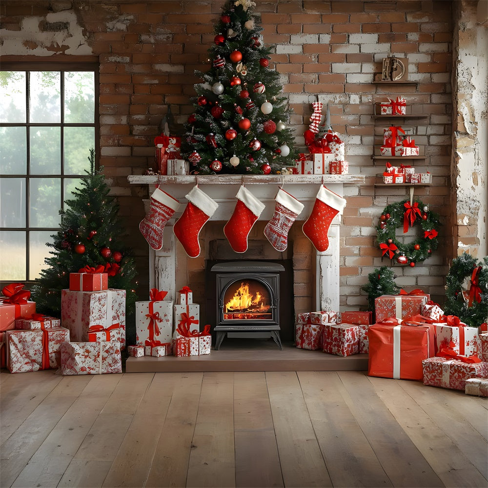 Christmas Socks Fireplace Gift Boxes Backdrop RR8-112