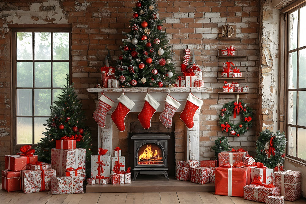 Christmas Socks Fireplace Gift Boxes Backdrop RR8-112