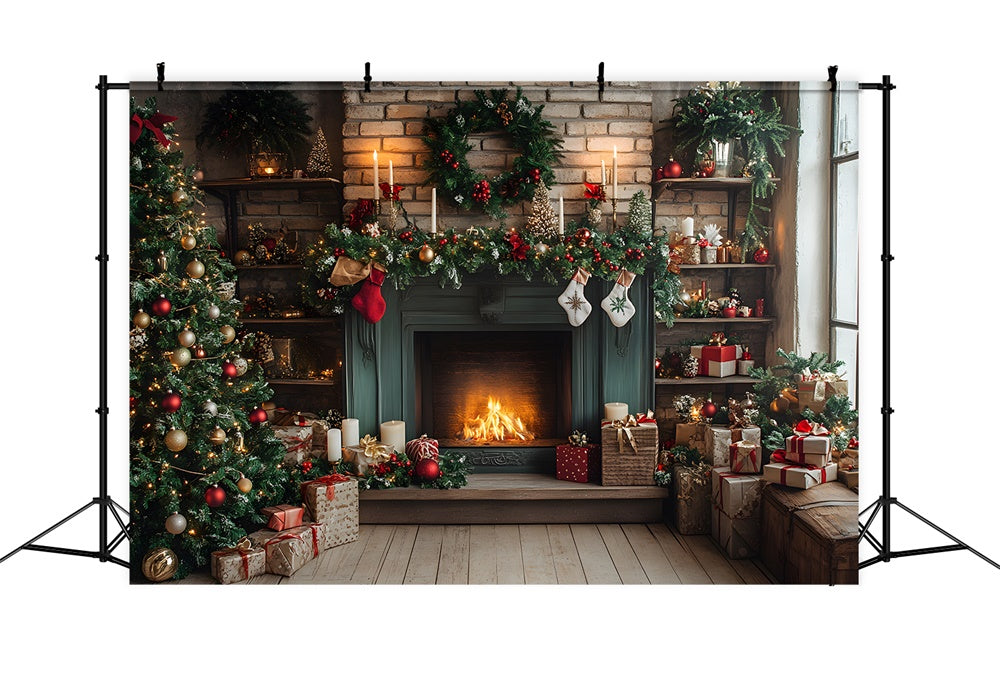 Christmas Tree Green Fireplace Wreath Backdrop RR8-113