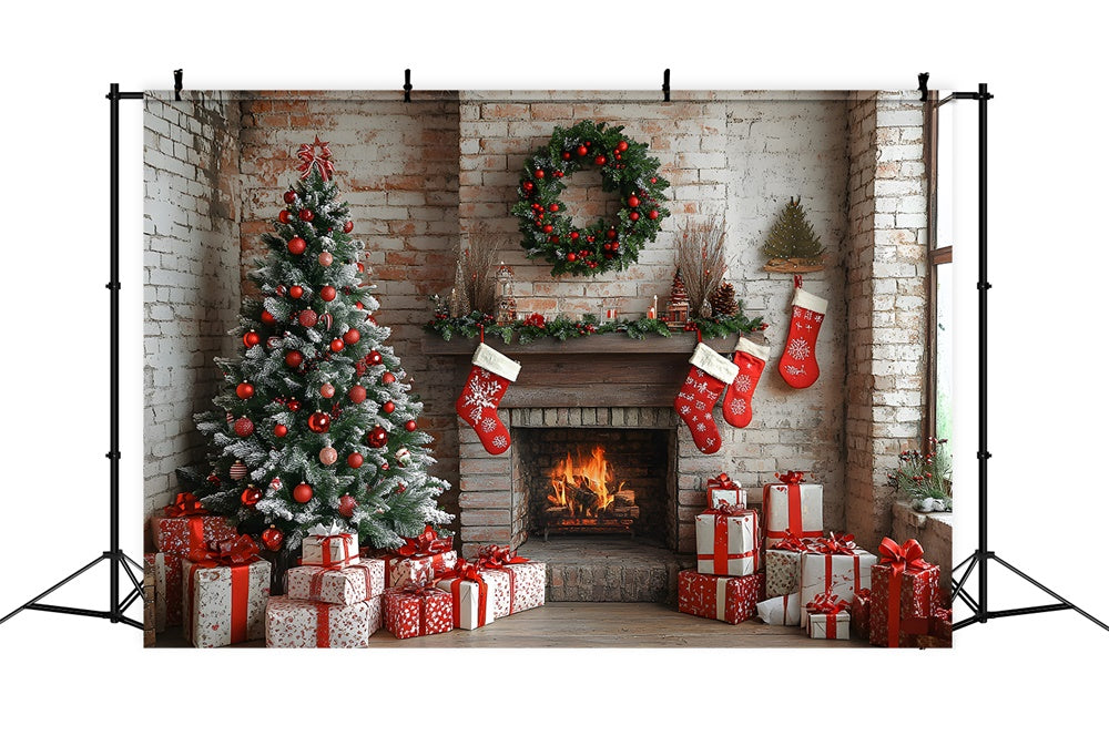 Christmas Brick Wall Fireplace Stockings Backdrop RR8-115