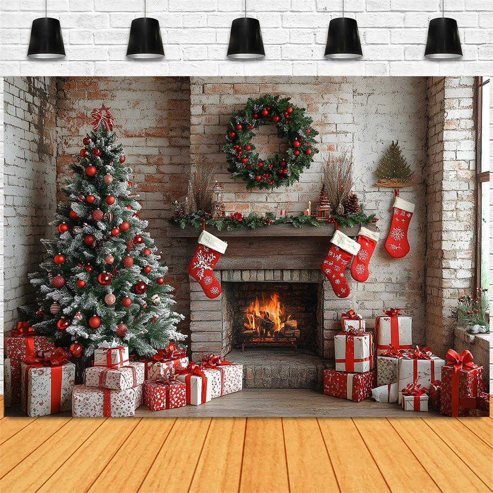 Christmas Brick Wall Fireplace Stockings Backdrop RR8-115