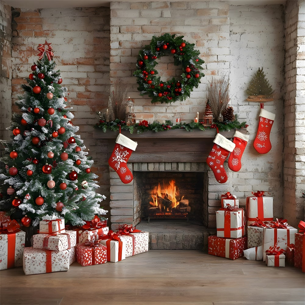 Christmas Brick Wall Fireplace Stockings Backdrop RR8-115