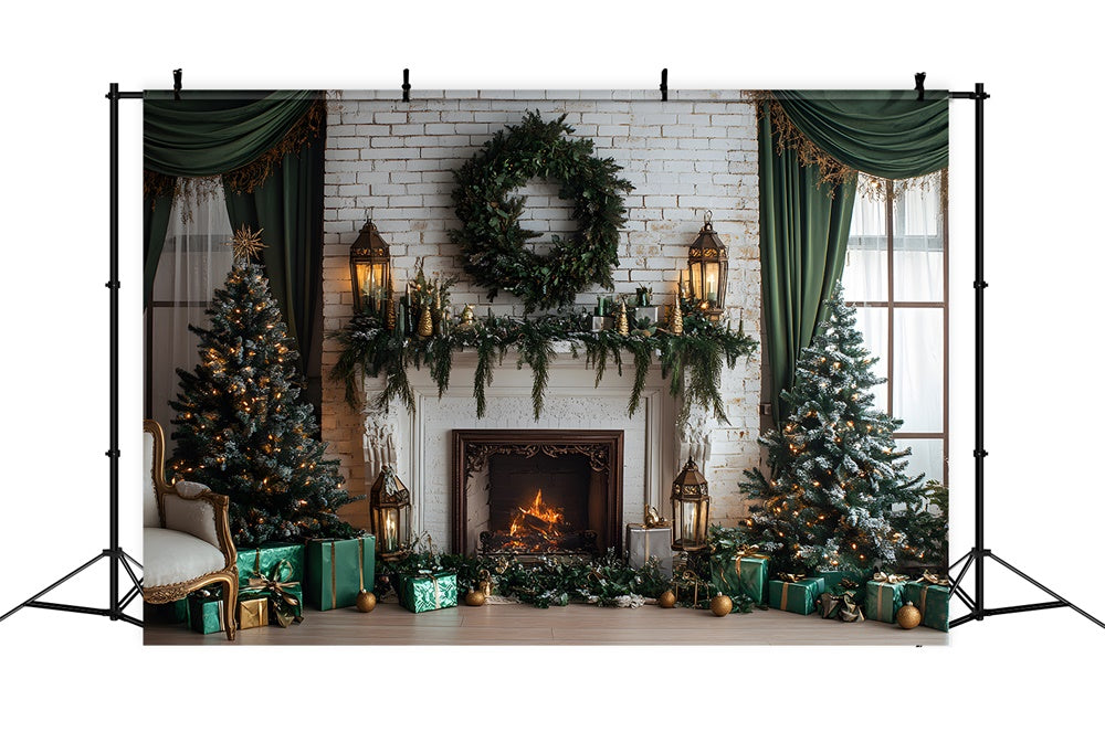 Christmas White Wall Fireplace Wreath Backdrop RR8-119