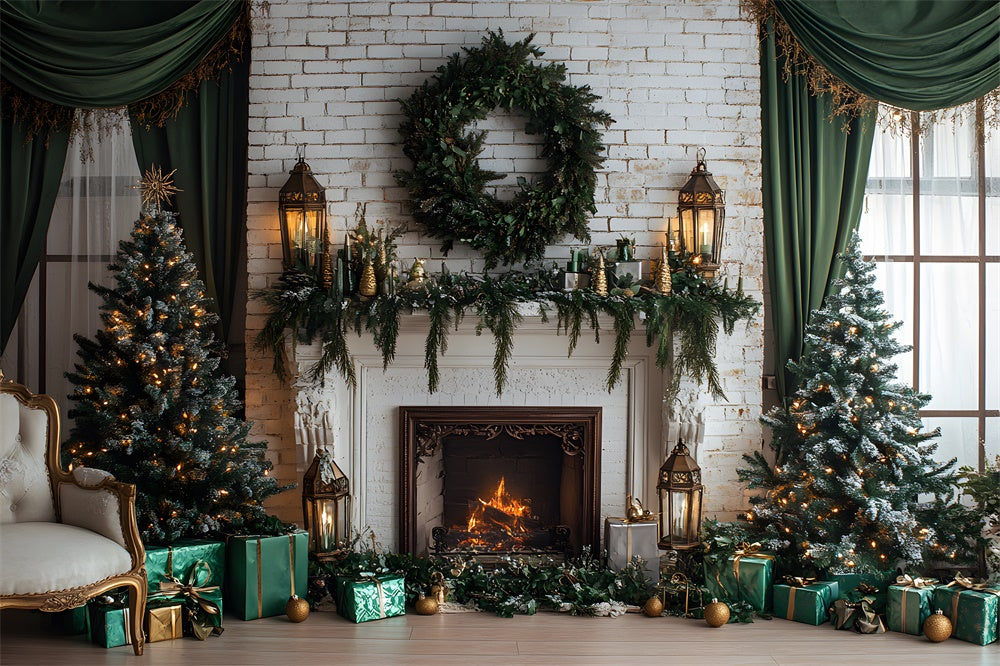 Christmas White Wall Fireplace Wreath Backdrop RR8-119