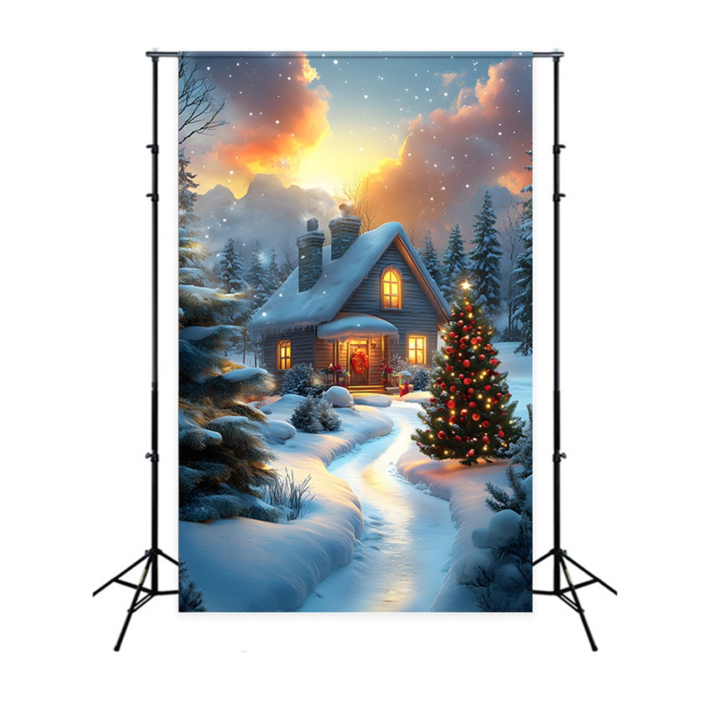 Christmas Snow Covered House Trees Backdrop RR8-121