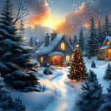 Christmas Snow Covered House Trees Backdrop RR8-121