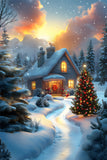 Christmas Snow Covered House Trees Backdrop RR8-121