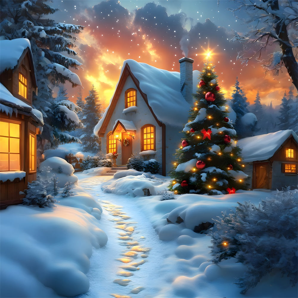 Christmas Snow Night Stars House Backdrop RR8-122 – Dbackdrop