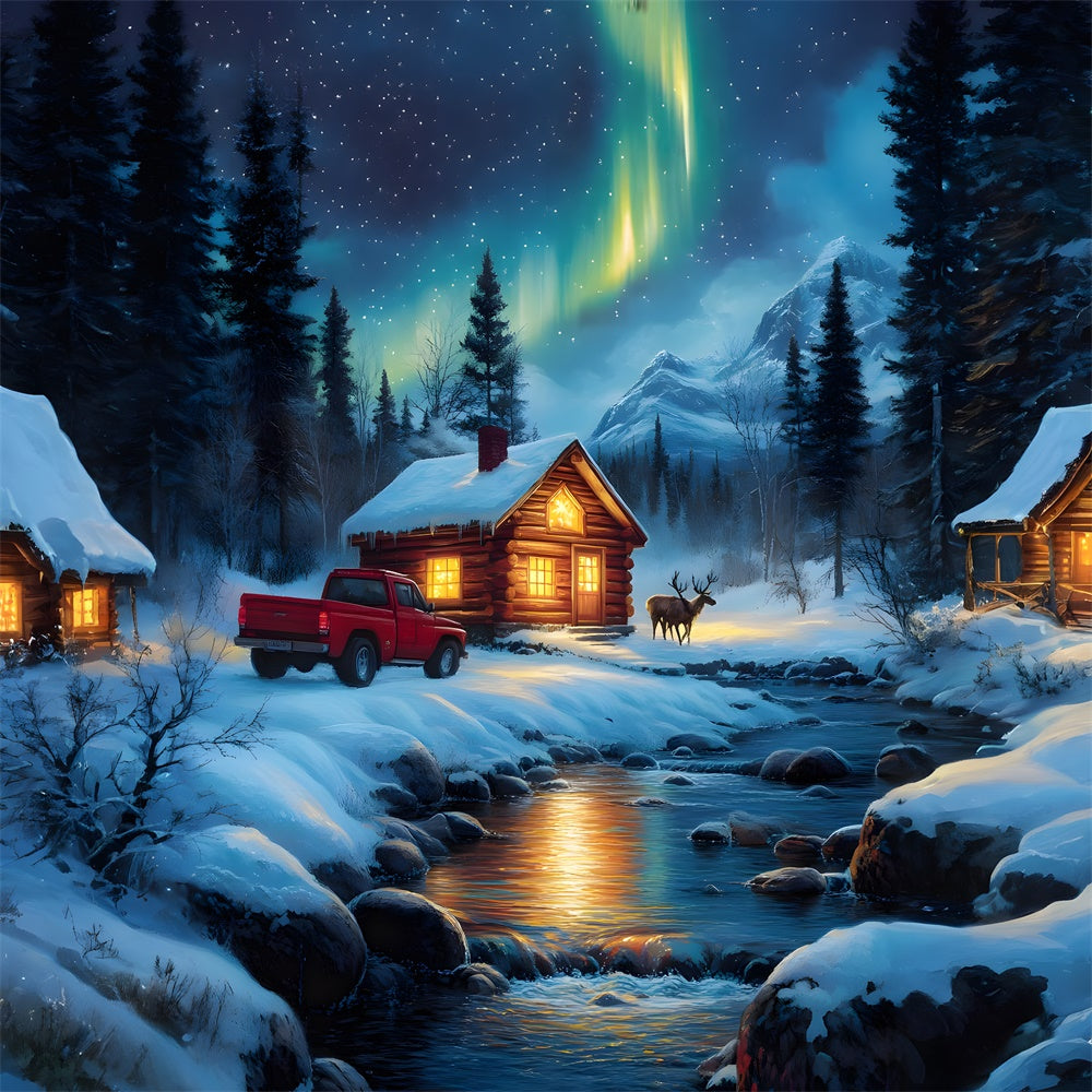 Christmas Snow House Red Truck Backdrop RR8-124