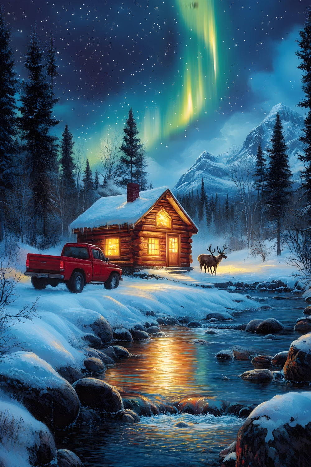 Christmas Snow House Red Truck Backdrop RR8-124