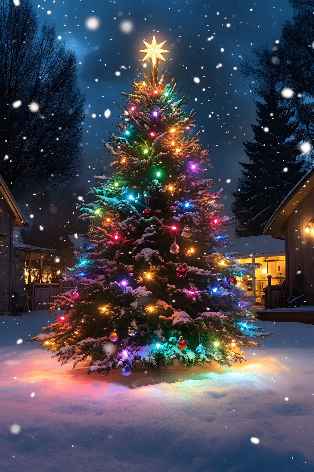 Christmas Tree Colorful Lights Snow Backdrop RR8-126