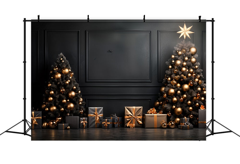 Christmas Black Gold Ornament Trees Backdrop RR8-132