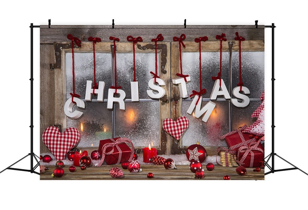 Christmas Wooden Window Red Ornaments Backdrop RR8-143