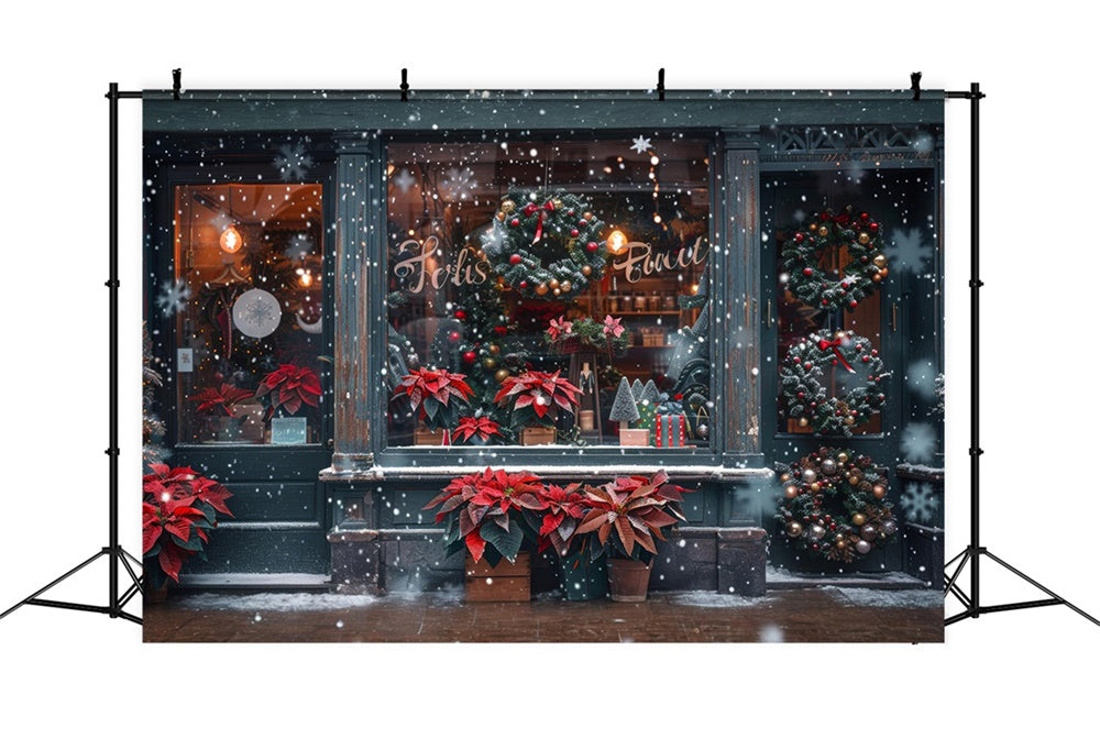 Christmas Poinsettia Wreath Shop Window Backdrop RR8-148