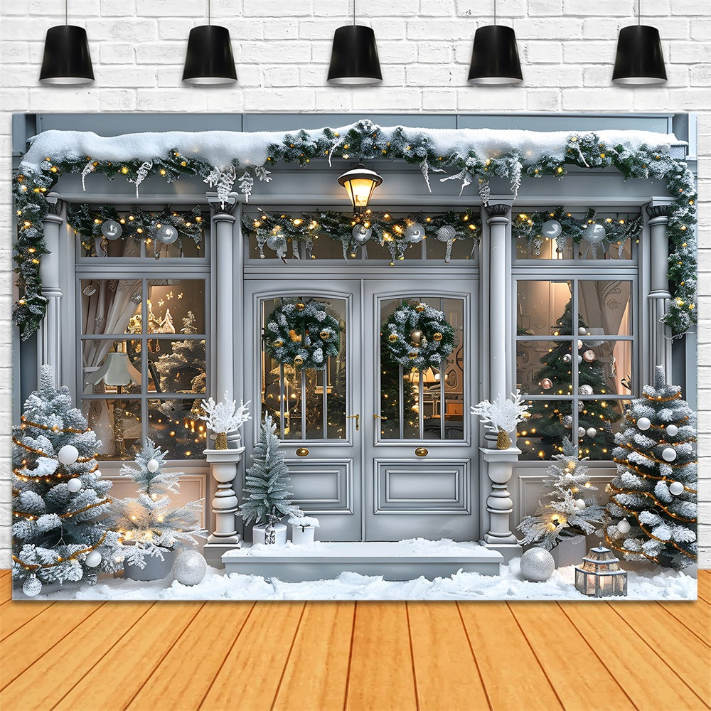 Snow Covered Christmas House Door Backdrop RR8-15