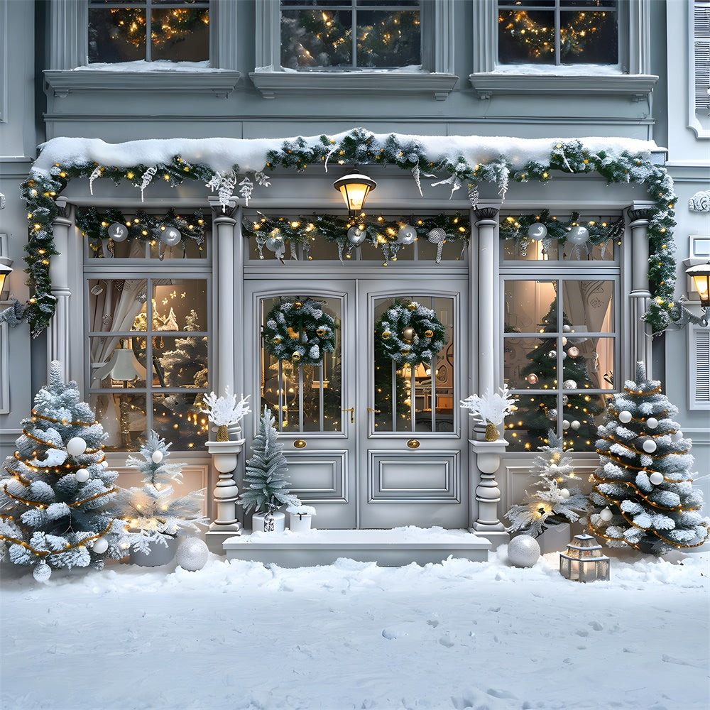 Snow Covered Christmas House Door Backdrop RR8-15