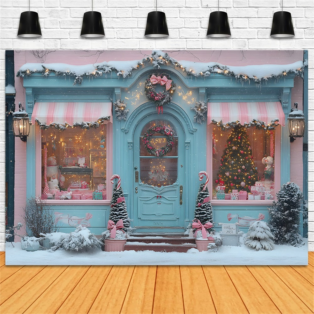 Christmas Candyland Storefront Pink Bows Backdrop RR8-151