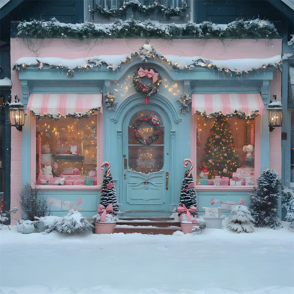 Christmas Candyland Storefront Pink Bows Backdrop RR8-151