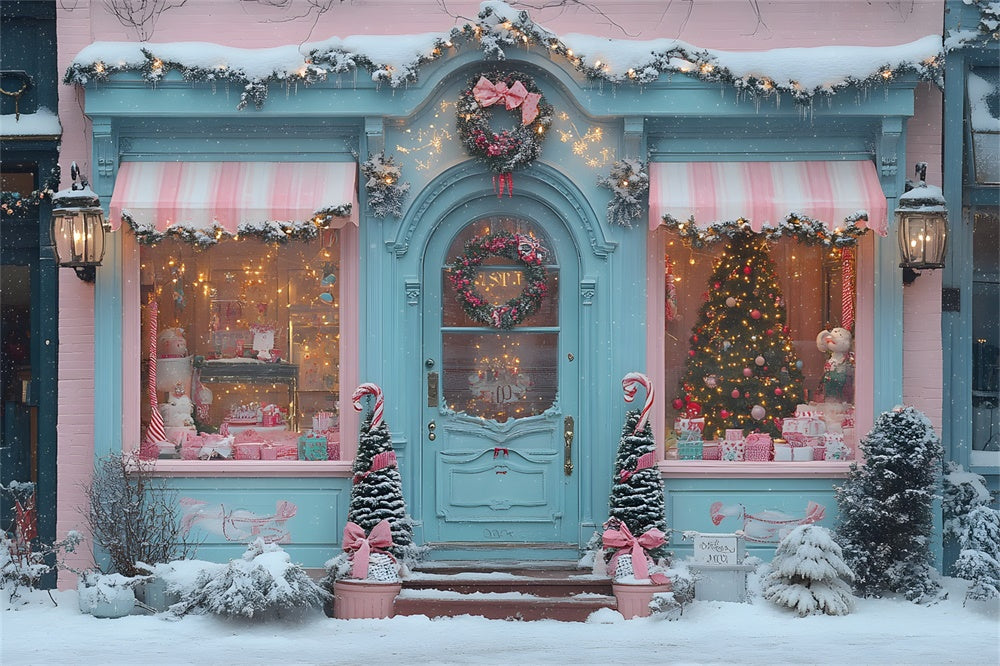 Christmas Candyland Storefront Pink Bows Backdrop RR8-151