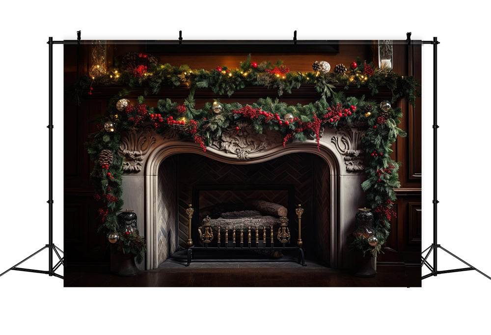 Christmas Ornate Fireplace Stockings Backdrop RR8-159