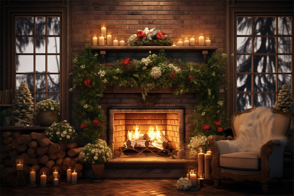 Christmas Cozy Room Tree Fireplace Backdrop RR8-160