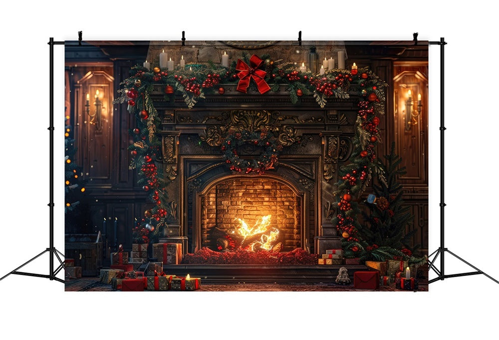 Christmas Rustic Fireplace Greenery Backdrop RR8-161