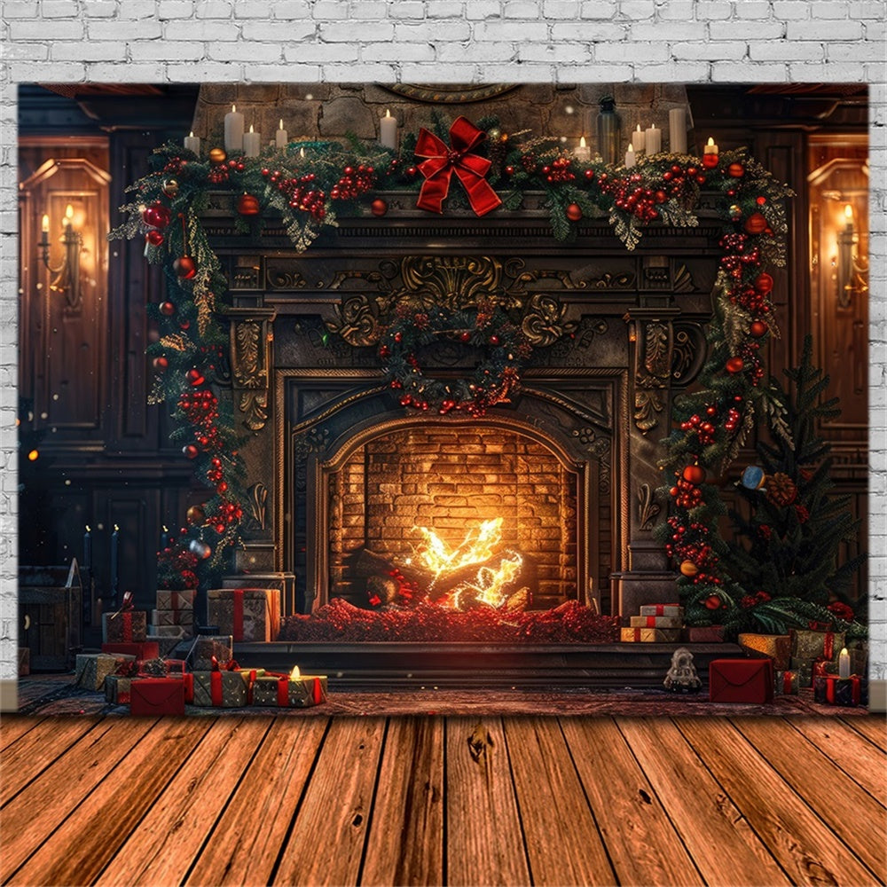 Christmas Rustic Fireplace Greenery Backdrop RR8-161