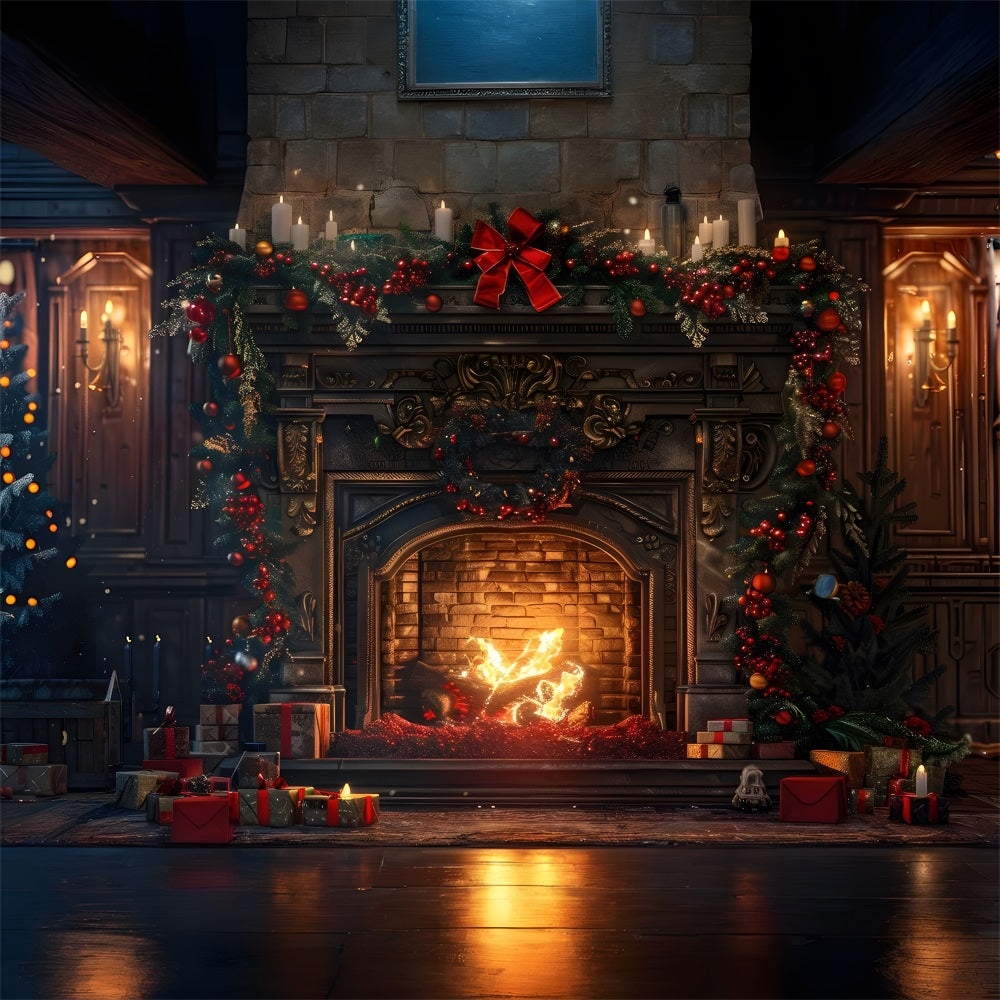 Christmas Rustic Fireplace Greenery Backdrop RR8-161