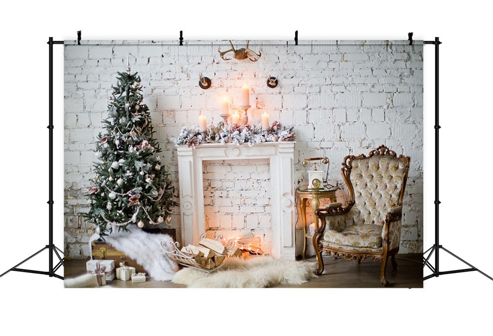 Christmas White Brick Wall Tree Fireplace Backdrop RR8-163