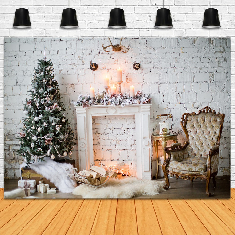 Christmas White Brick Wall Tree Fireplace Backdrop RR8-163